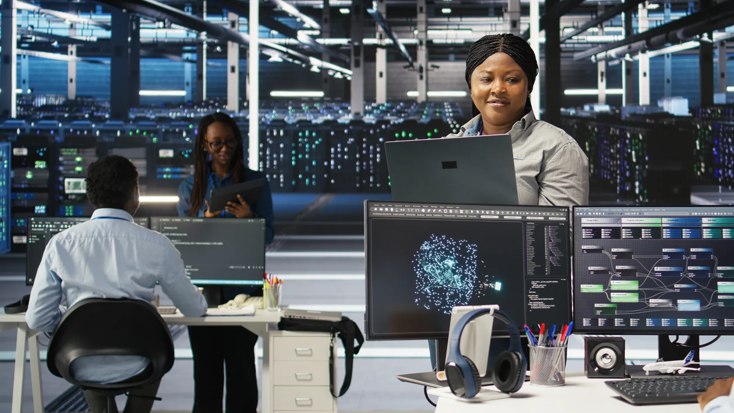 Data center employees working with computers - MaherTech Inc