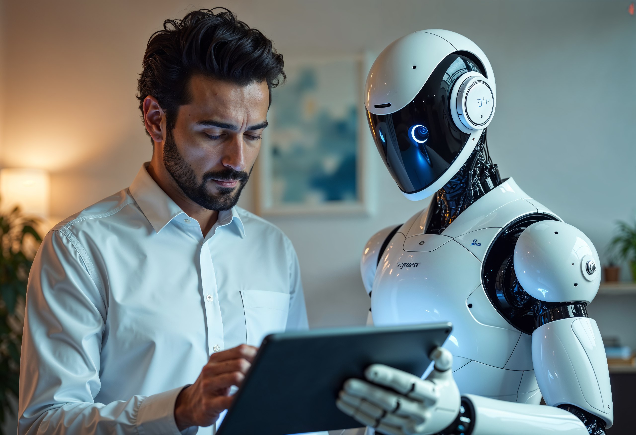 Man and robot looking at a tablet - MaherTech Inc