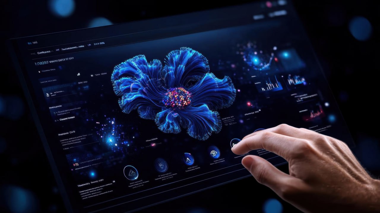 Hand interacting with digital display of glowing flower - MaherTech Inc