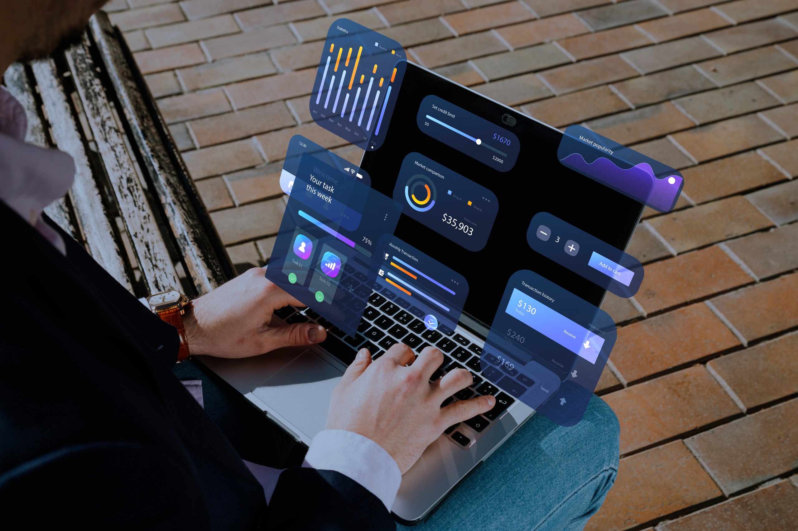 Person using laptop with holographic data visualizations - MaherTech Inc (Animation)