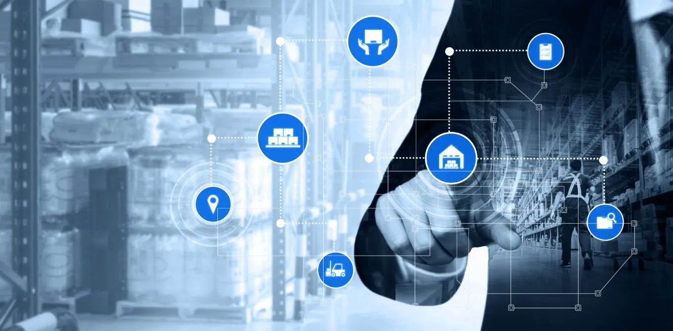 Smart warehouse with interconnected logistics icons - MaherTech Inc (industries)
